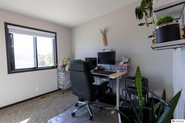home office featuring carpet flooring, baseboards, and visible vents