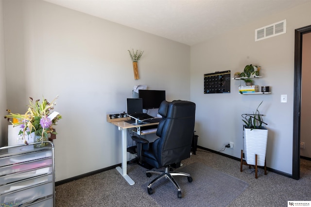 office featuring baseboards, carpet flooring, and visible vents