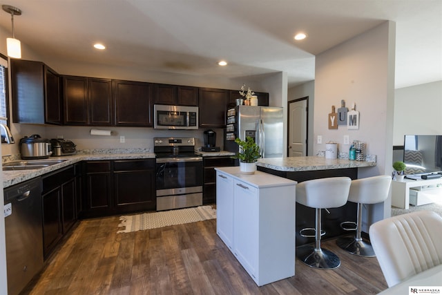 kitchen featuring a peninsula, dark brown cabinetry, dark wood-style floors, a sink, and appliances with stainless steel finishes