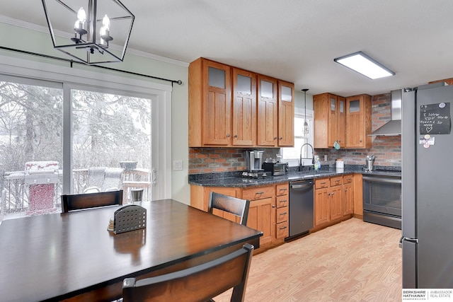 kitchen featuring wall chimney range hood, electric range oven, freestanding refrigerator, tasteful backsplash, and dishwashing machine