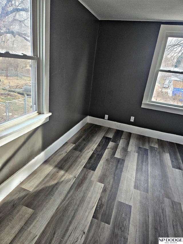 unfurnished room with baseboards and wood finished floors