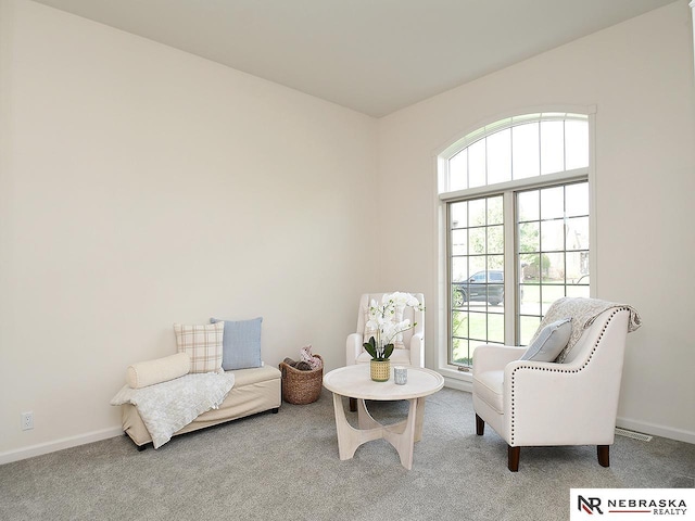 sitting room featuring carpet floors and baseboards