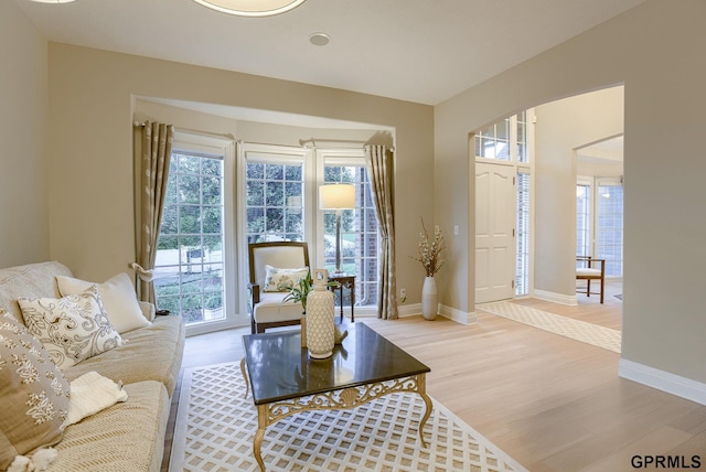 living room with baseboards and light wood finished floors