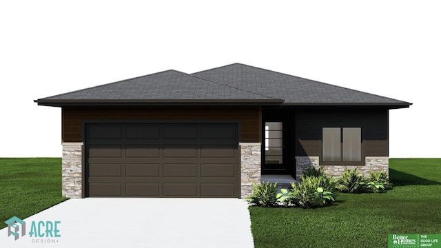 prairie-style house featuring stone siding, driveway, a front yard, and a garage
