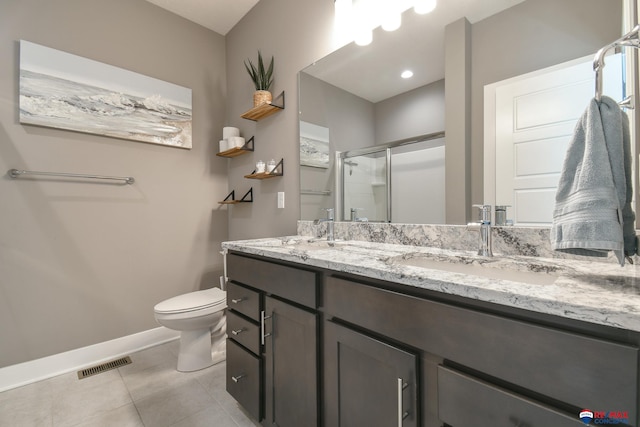 full bath featuring visible vents, double vanity, toilet, tile patterned floors, and a stall shower