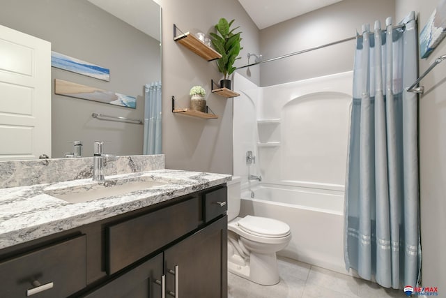 bathroom with shower / bath combo with shower curtain, toilet, tile patterned flooring, and vanity