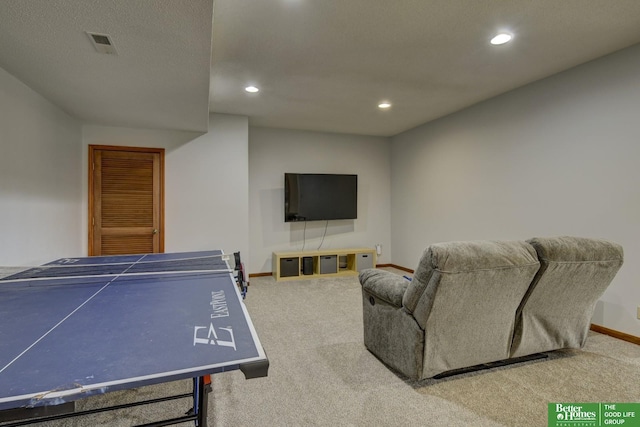 playroom with baseboards, recessed lighting, visible vents, and carpet