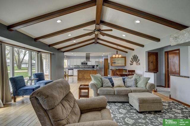 living area with lofted ceiling with beams, baseboards, recessed lighting, and light wood finished floors