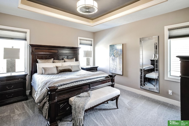 bedroom with a tray ceiling, carpet floors, and baseboards