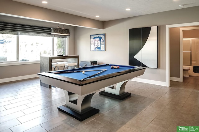 game room with baseboards, tile patterned floors, pool table, and recessed lighting
