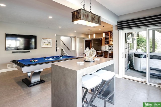 interior space with pool table, baseboards, tile patterned flooring, visible vents, and recessed lighting