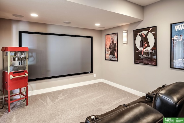 carpeted home theater room featuring recessed lighting and baseboards