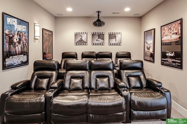 carpeted home theater with visible vents, baseboards, and recessed lighting