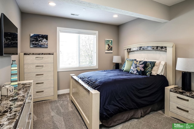 bedroom featuring baseboards, visible vents, carpet, and recessed lighting