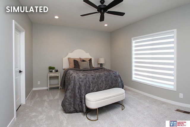 carpeted bedroom with recessed lighting, visible vents, baseboards, and ceiling fan
