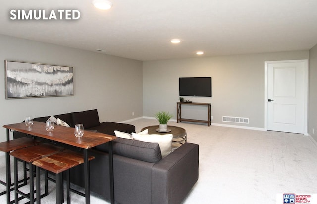 living room with recessed lighting, visible vents, baseboards, and light carpet