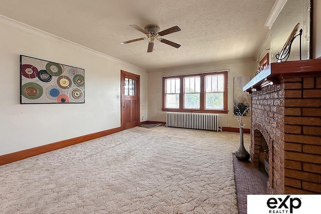 5238 S 20th St, Omaha, NE 68107 - unfurnished living room featuring radiator heating unit, carpet flooring, ceiling fan, crown molding, and baseboards