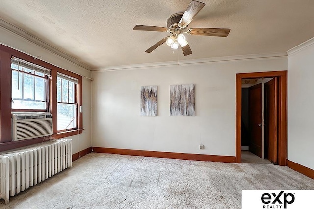 5238 S 20th St, Omaha, NE 68107 - unfurnished room featuring radiator heating unit, light carpet, crown molding, baseboards, and a textured ceiling