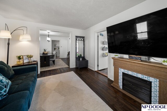 living room featuring baseboards, wood finished floors, and a textured ceiling