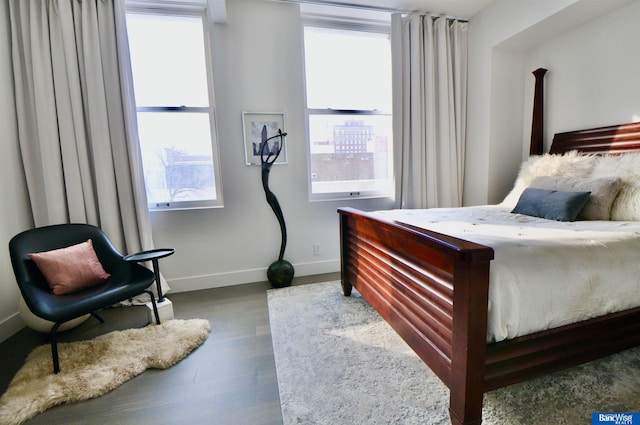 bedroom featuring wood finished floors, baseboards, and multiple windows