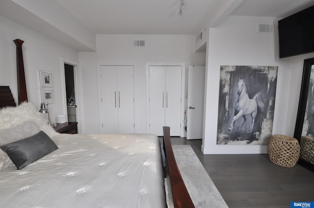 bedroom with two closets, baseboards, wood finished floors, and visible vents
