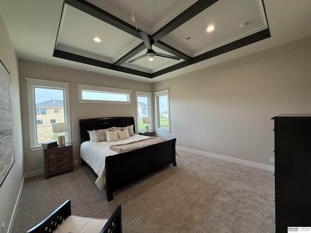 carpeted bedroom featuring beamed ceiling, crown molding, coffered ceiling, a ceiling fan, and baseboards