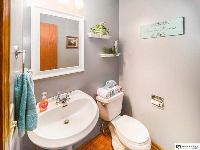 bathroom with a sink, toilet, and wood finished floors