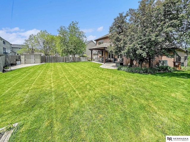 view of yard featuring a patio, an outbuilding, and a storage shed
