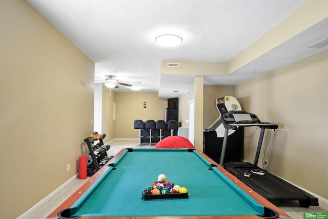 rec room with visible vents, pool table, baseboards, and ceiling fan