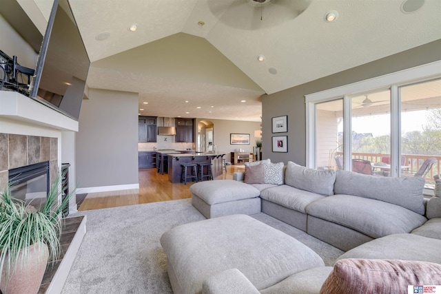 4510 W High Ridge Pl, Lincoln, NE 68522 - living area featuring light wood-type flooring, recessed lighting, vaulted ceiling, a fireplace, and a ceiling fan