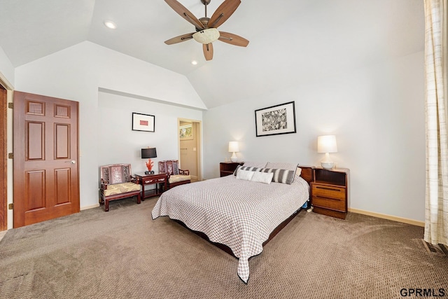 bedroom with lofted ceiling, baseboards, carpet, and ceiling fan