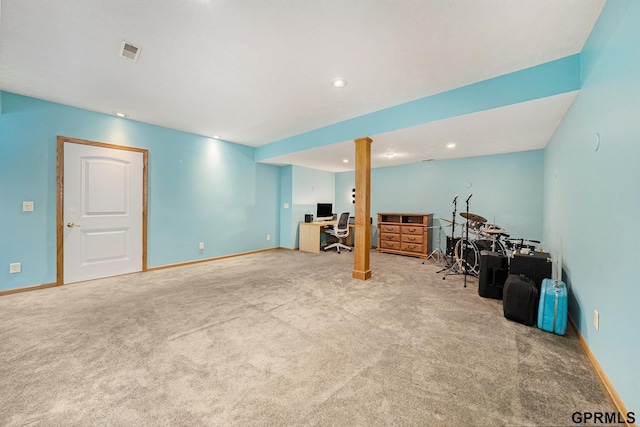 interior space with baseboards, visible vents, and carpet flooring