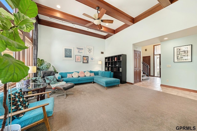 living room with recessed lighting, beam ceiling, baseboards, and ceiling fan