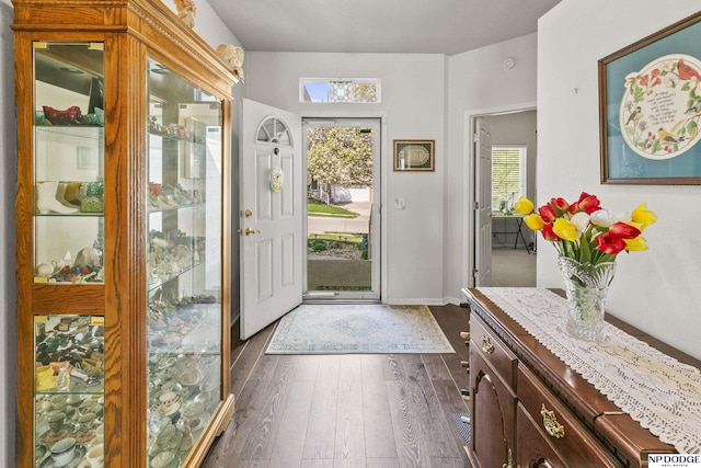 entryway with baseboards and dark wood finished floors