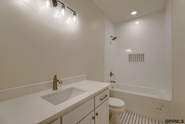 20806 Boulder St, Gretna, NE 68028 - full bathroom featuring recessed lighting, vanity, shower / bath combination, tile patterned floors, and toilet