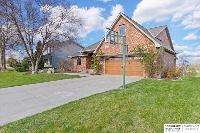 traditional-style home featuring concrete driveway, a front lawn, and brick siding