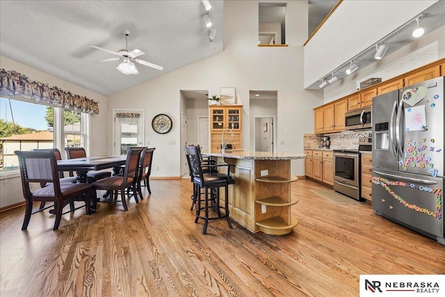 kitchen with ceiling fan, rail lighting, appliances with stainless steel finishes, and light wood-style flooring