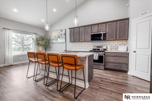 708 Sunset Blvd, Palmyra, NE 68418 - kitchen featuring stainless steel appliances, wood finished floors, backsplash, dark brown cabinets, and light countertops