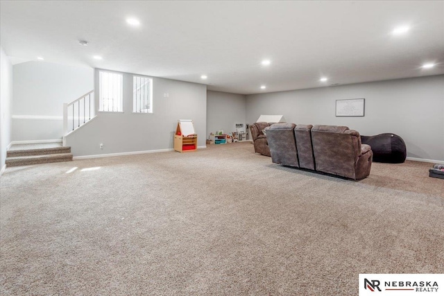 708 Sunset Blvd, Palmyra, NE 68418 - carpeted living room featuring baseboards, stairway, and recessed lighting