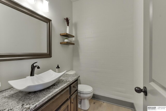 bathroom featuring toilet, wood finished floors, and vanity