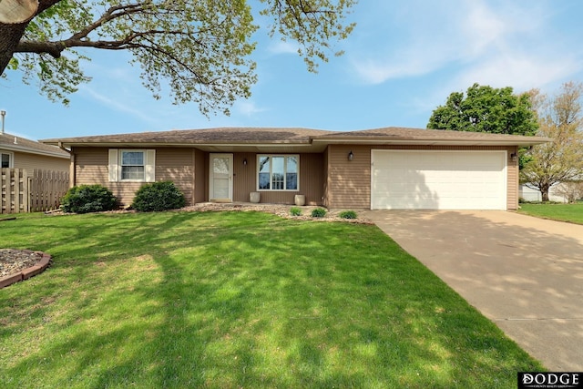 single story home with concrete driveway, a front lawn, an attached garage, and fence
