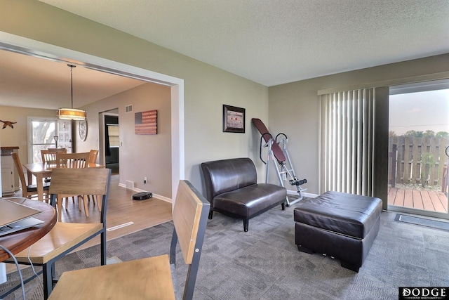 carpeted living area featuring visible vents and baseboards