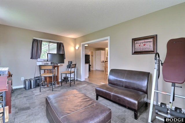 carpeted living area featuring baseboards