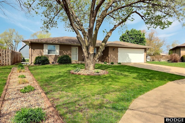 ranch-style home with fence, concrete driveway, a front yard, and a garage