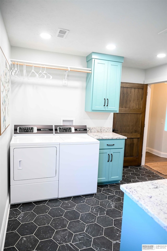 clothes washing area with recessed lighting, cabinet space, independent washer and dryer, and visible vents
