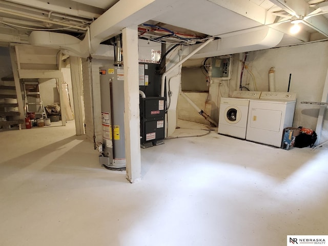 6512 Maple St, Omaha, NE 68104 - unfinished basement featuring water heater, independent washer and dryer, electric panel, and heating unit
