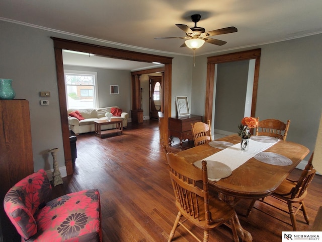6512 Maple St, Omaha, NE 68104 - dining room with wood finished floors, ceiling fan, ornamental molding, and baseboards