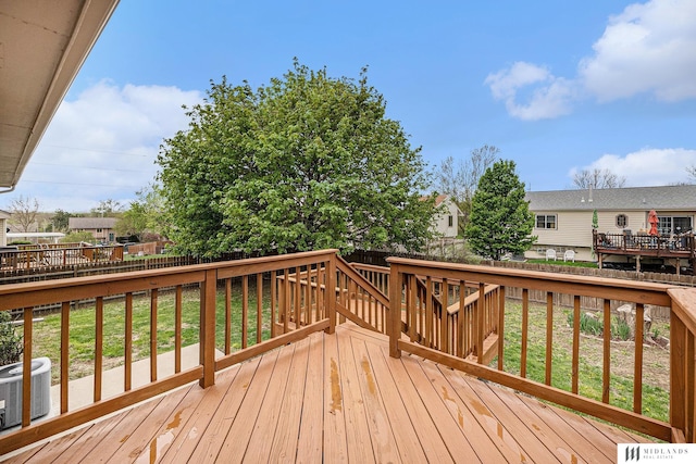 wooden terrace featuring central AC, a fenced backyard, and a yard
