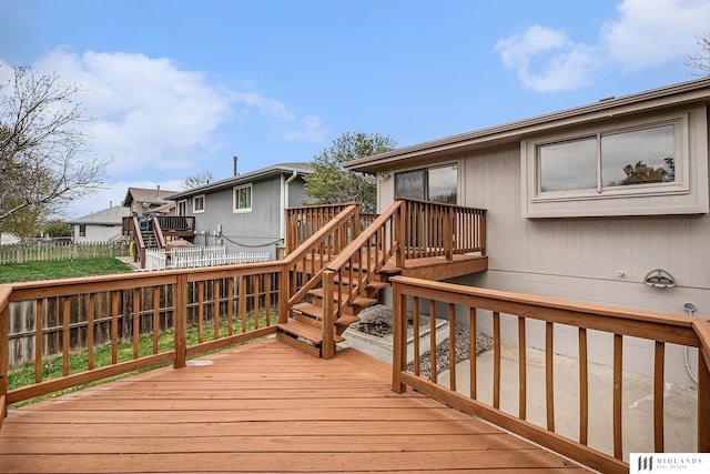 deck with stairway and a fenced backyard