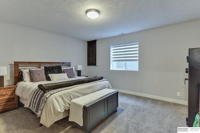 bedroom featuring carpet floors, a textured ceiling, and baseboards